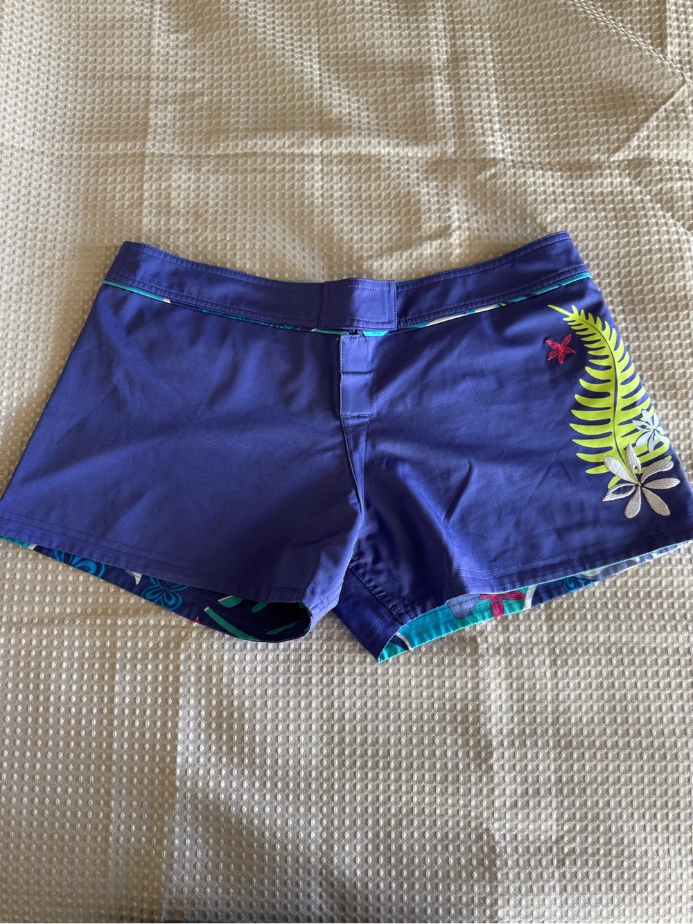 Women’s Athletic Swim Shorts in Purple with Tropical Print Reversible Size 11